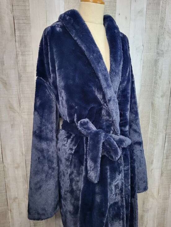 Minky Couture Other - Minky Couture Plush Faux Fur Navy Bkue Robe Coat with Belt XL
